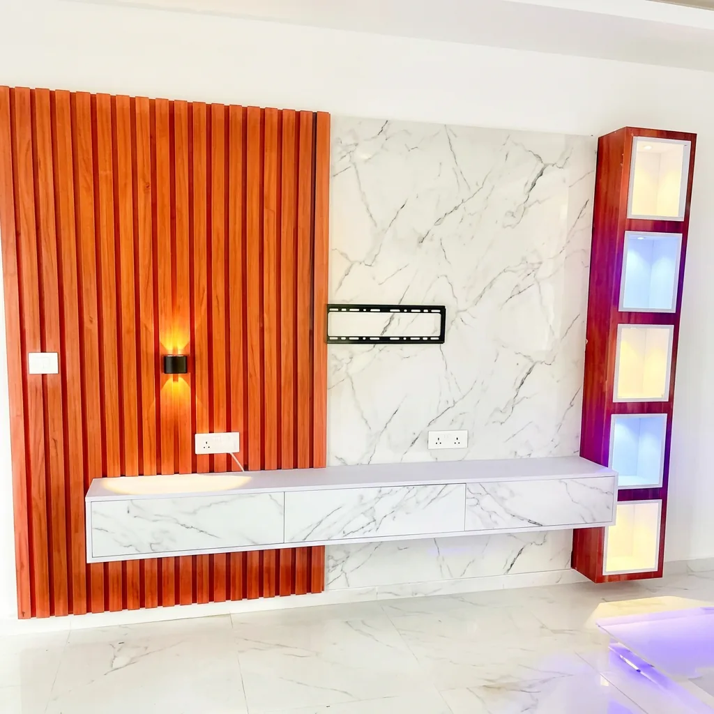Cedar Slat & Marble TV Wall — custom tv units by Kofi Serbeh Furniture